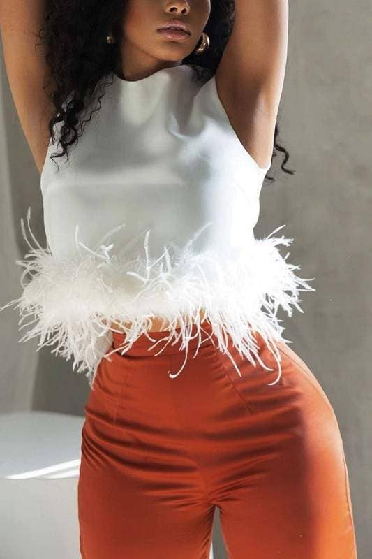 Feather trim sleeveless top feather