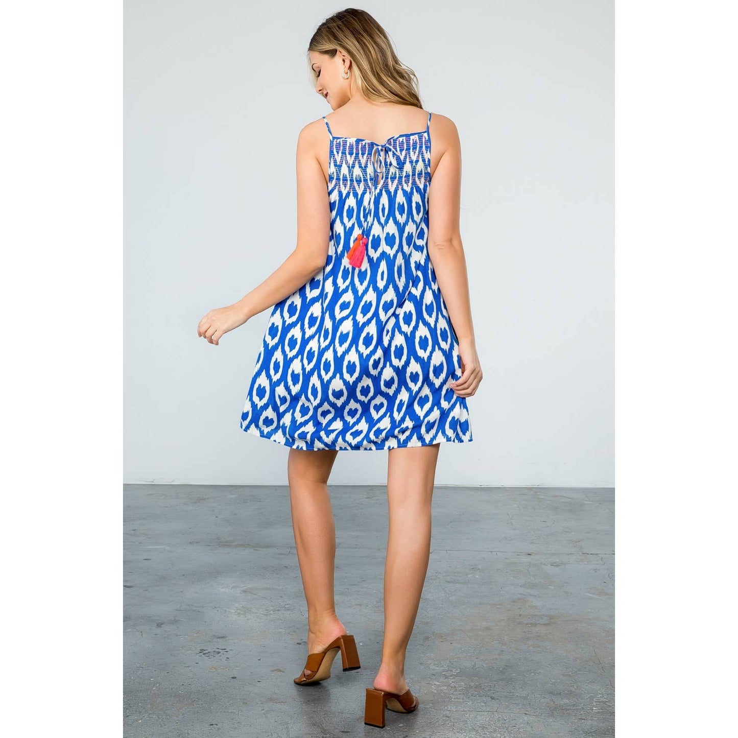 Flowy Blue Smocked Print Dress