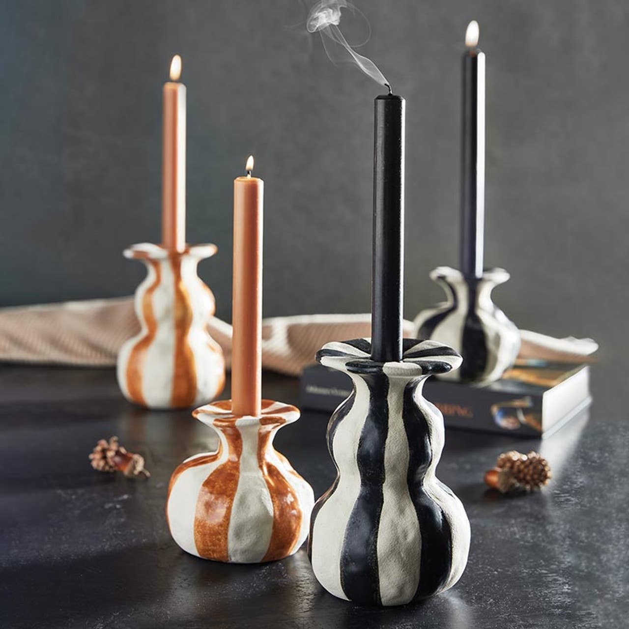 Black Striped Ceramic Candle Holder - Small