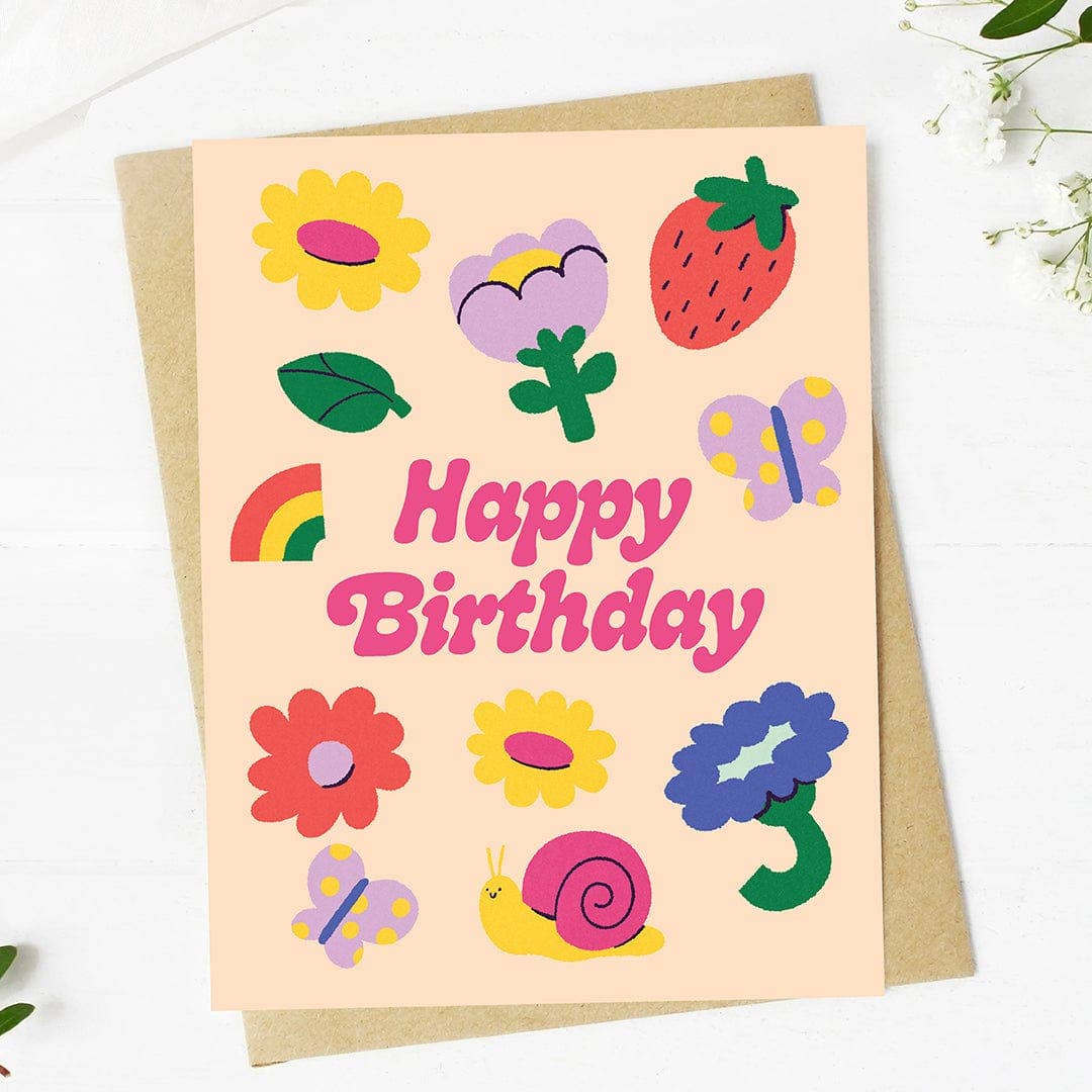 Greeting Card - Happy Birthday Flowers & Cute Icons