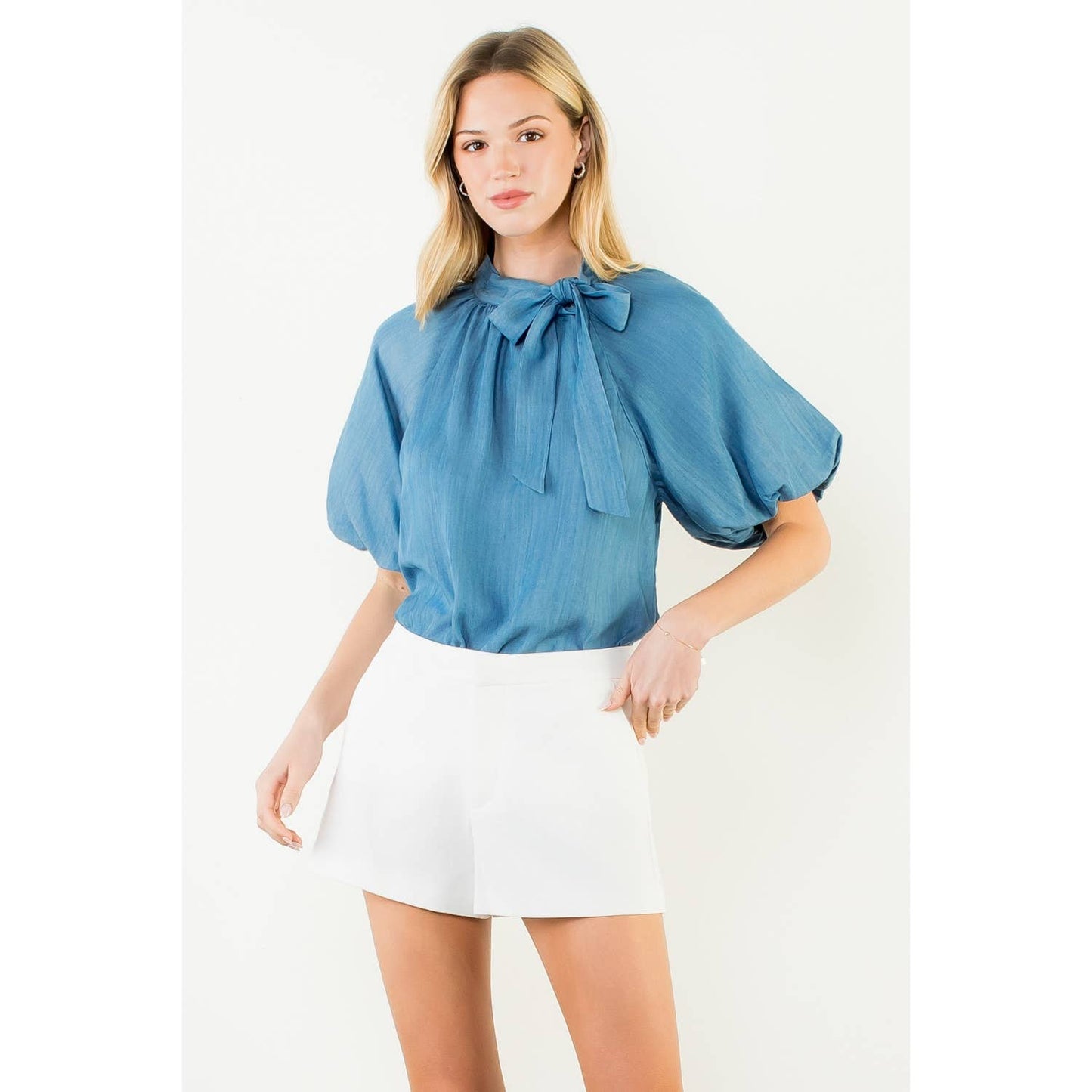 Top - Puff Sleeve Tie Knot Collar