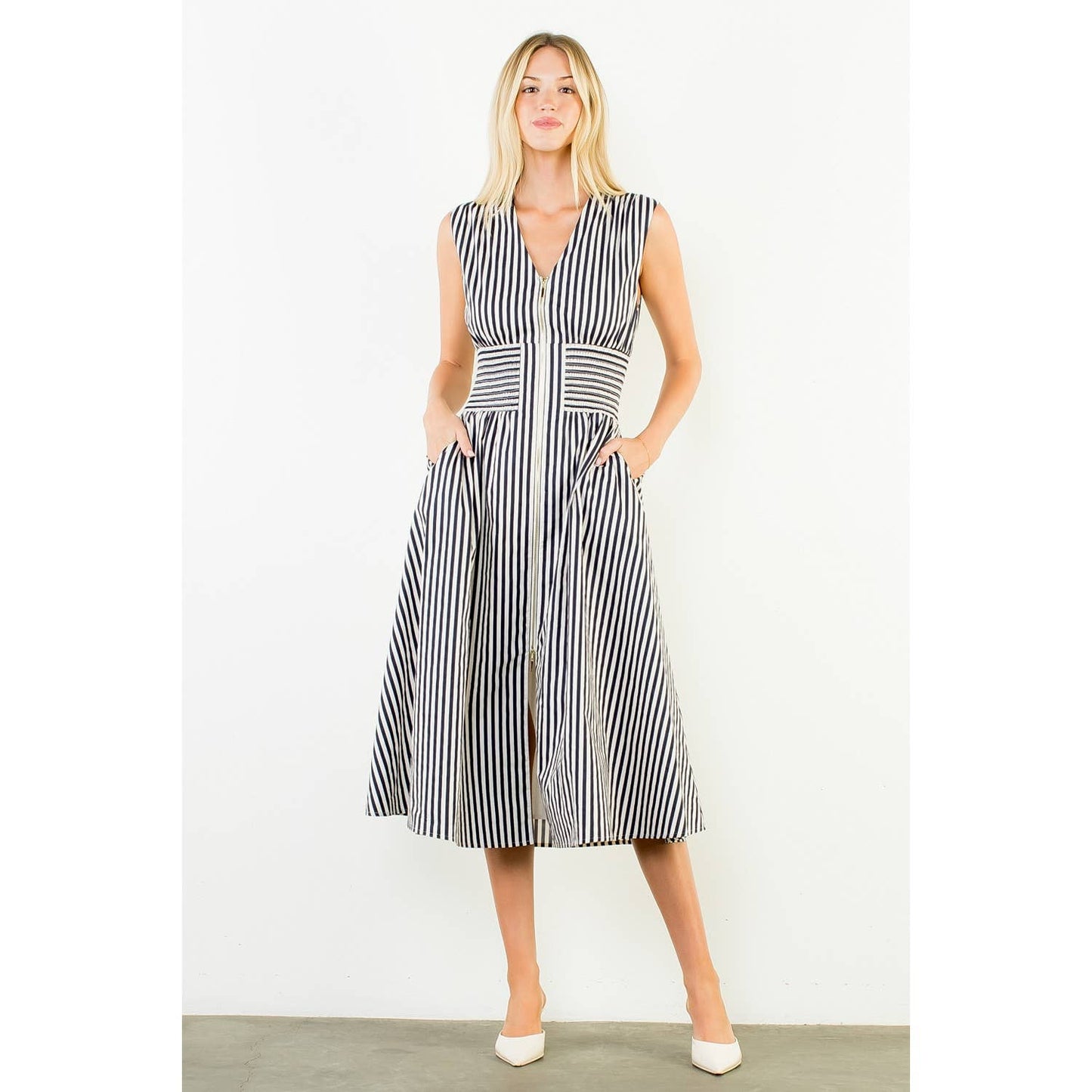 Dress- Sleeveless Vertical Stripes Zippered
