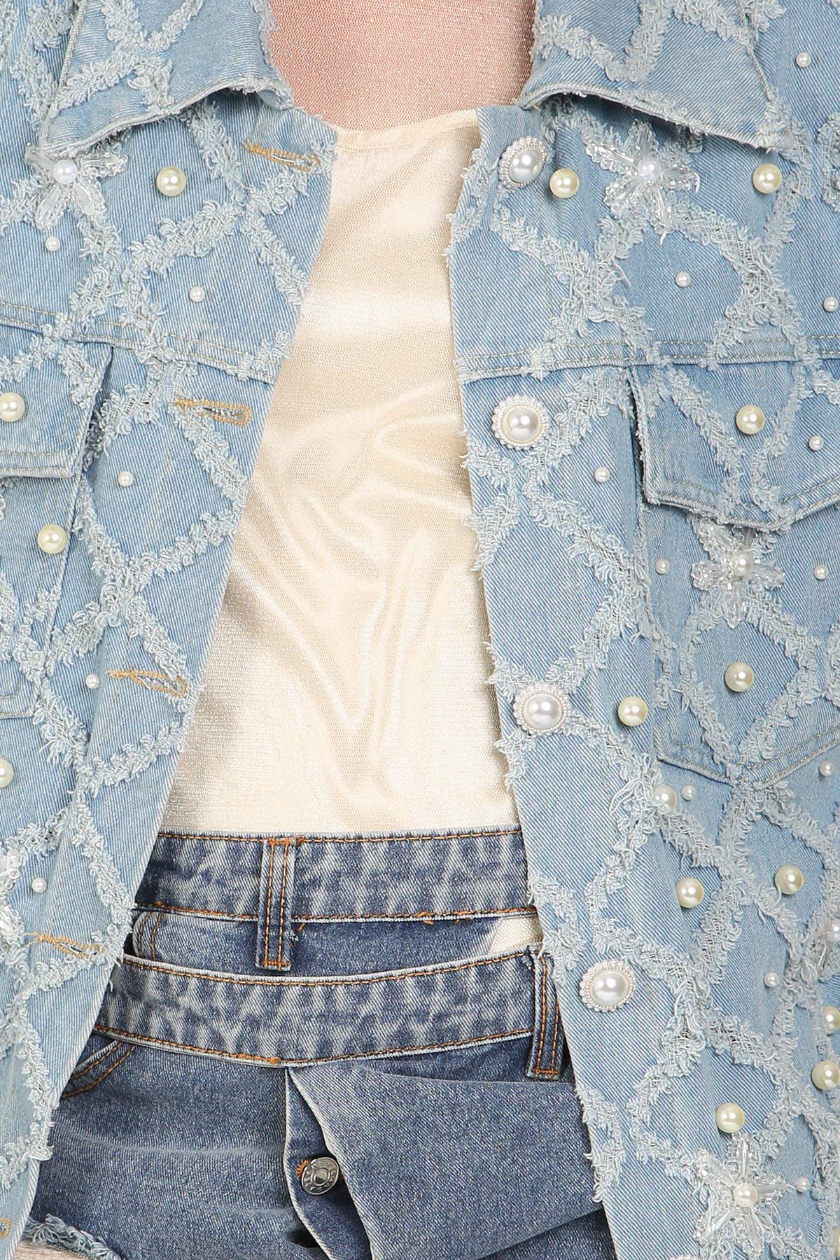 Denim Vest- Fringed & Multi-Pearled