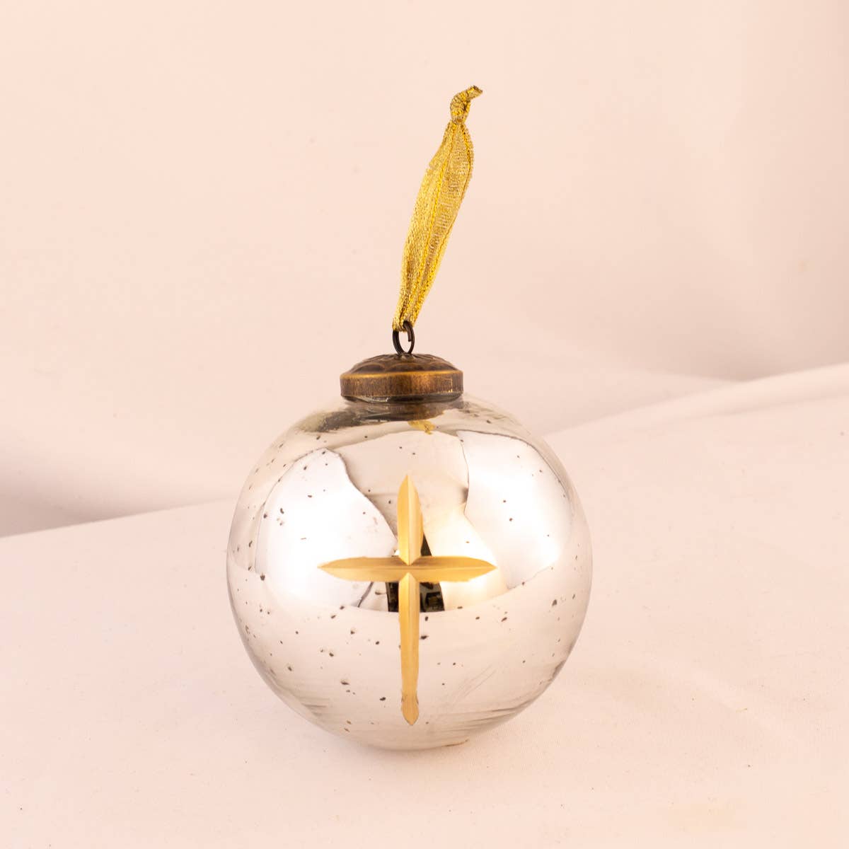 Ornament- Cruix Glass Ball Antique Silver/Gold 4"