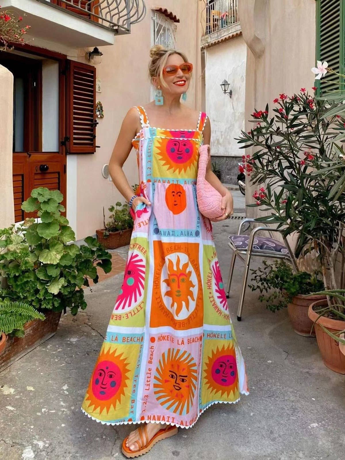 Sun Smile Face Print Pockets Sleeveless Slit Dress