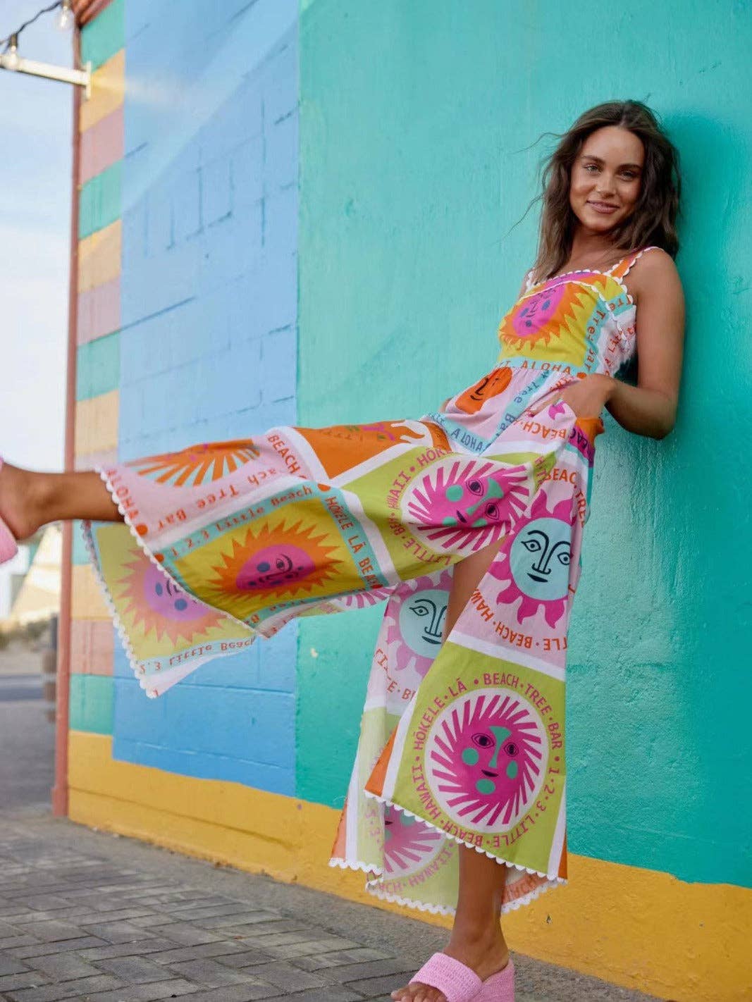 Sun Smile Face Print Pockets Sleeveless Slit Dress