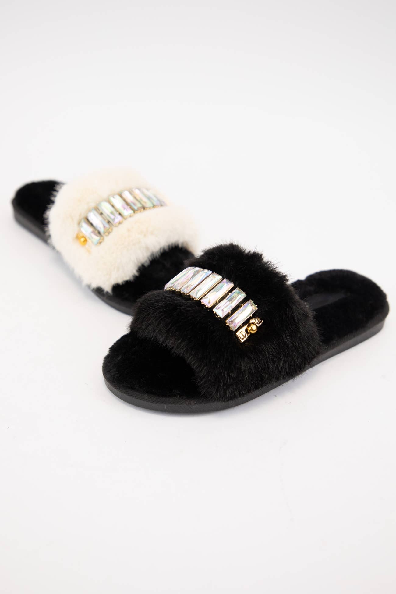 BEDAZZLED RHINESTONE DECOR FURRY SLIPPERS