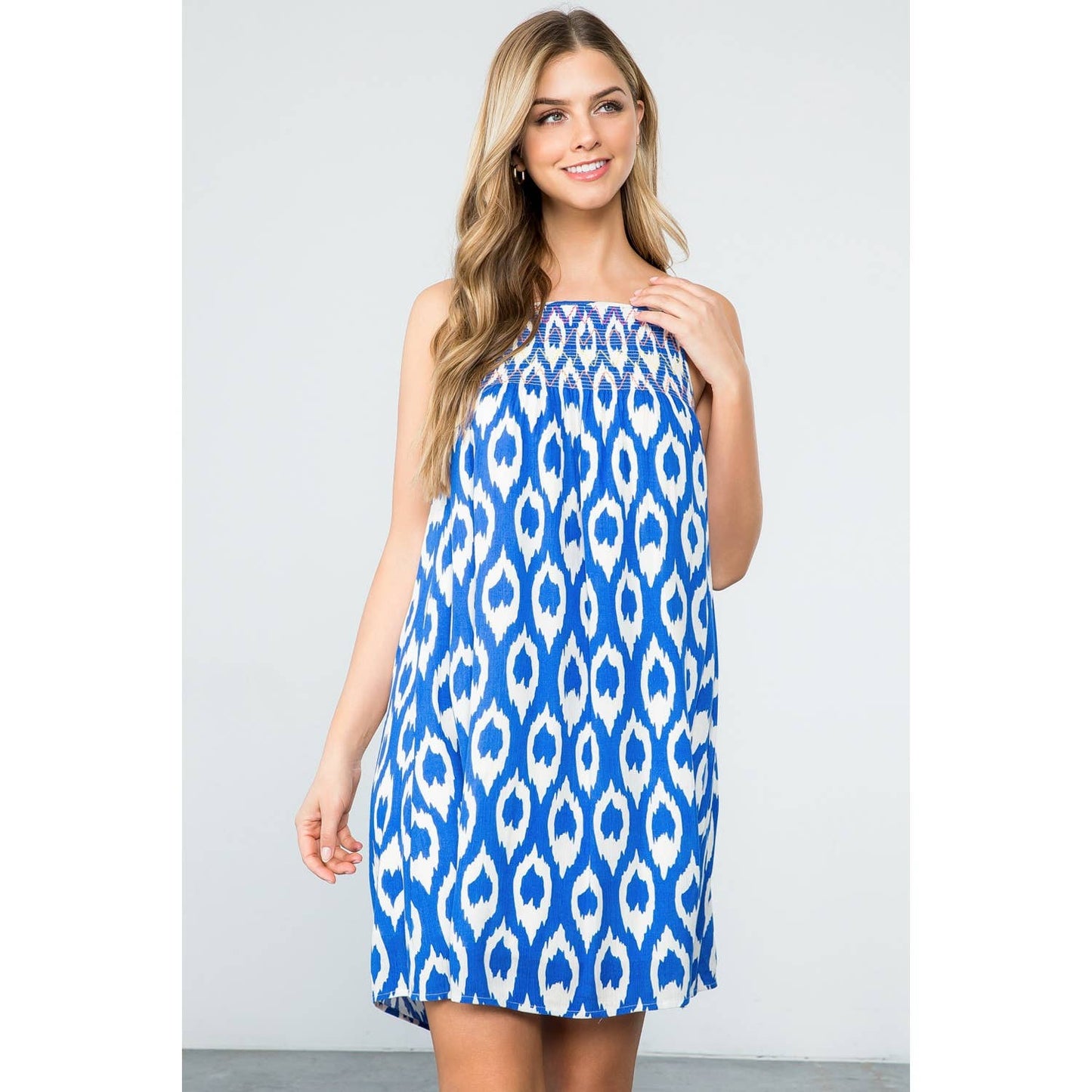 Flowy Blue Smocked Print Dress