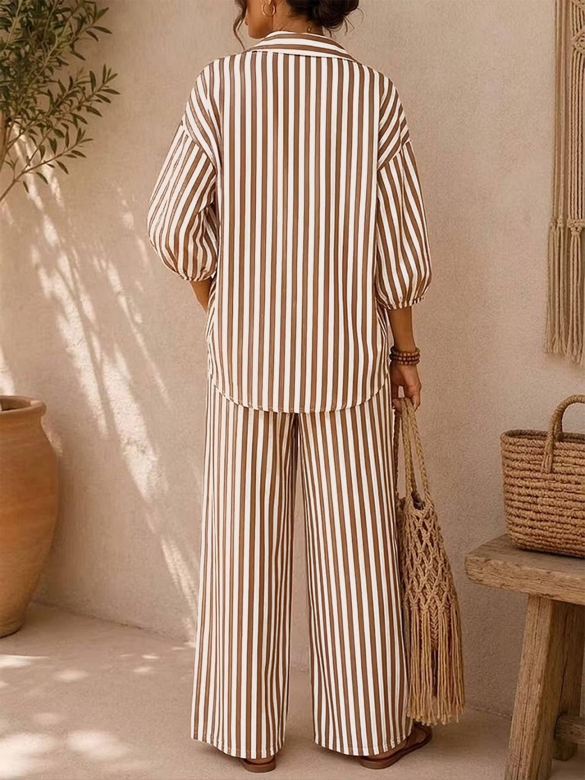 Set - Striped Button Down Shirt & Wide Leg Pants
