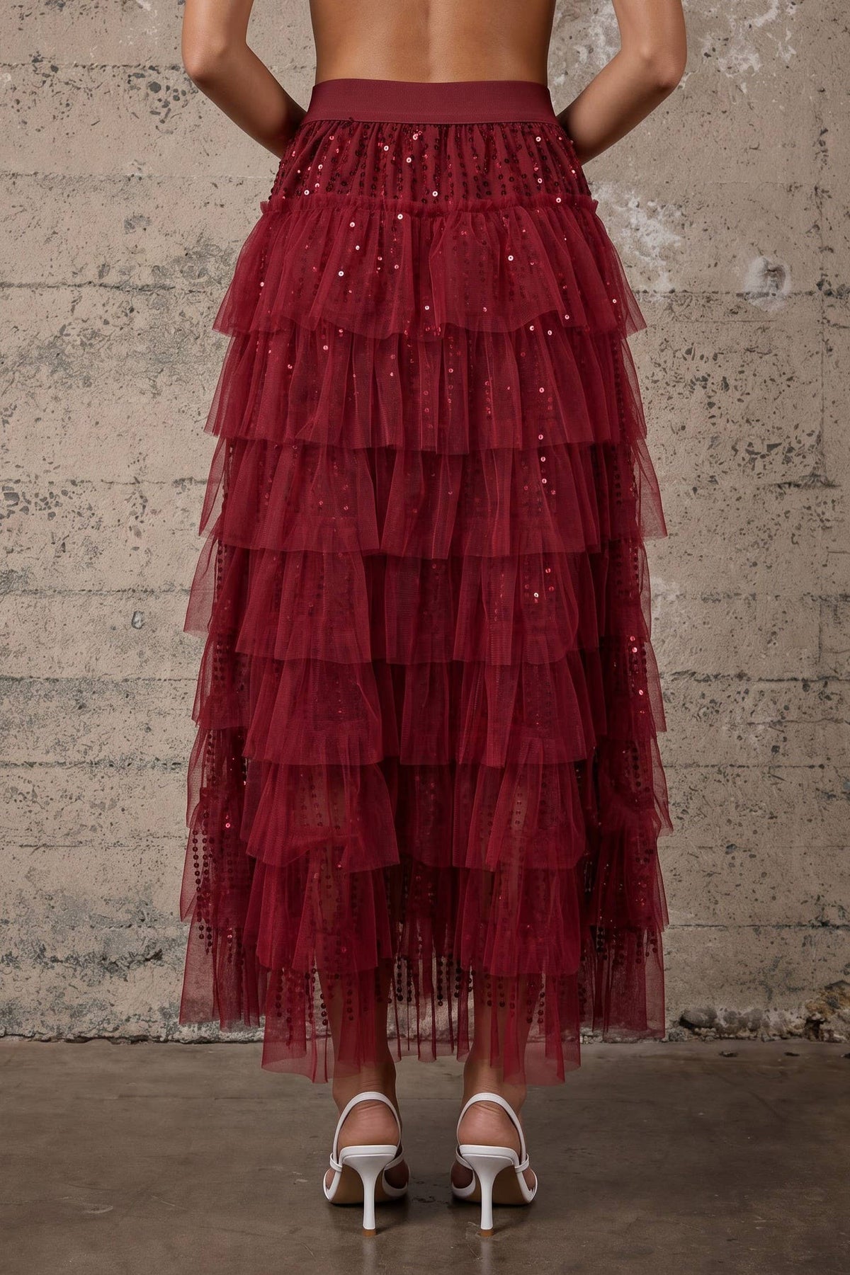 Skirt - Sequin Tiered Mesh Maxi