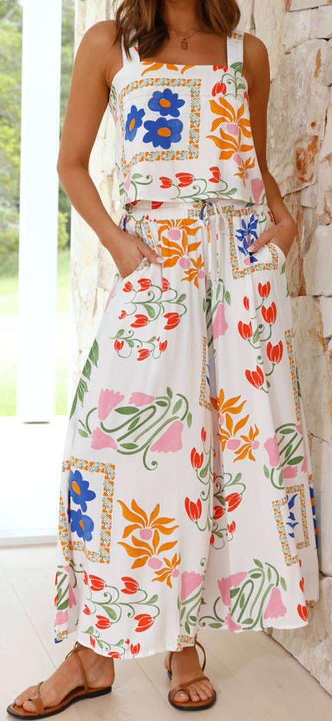 Square Neck Tank and Wide Leg Pants Floral Set