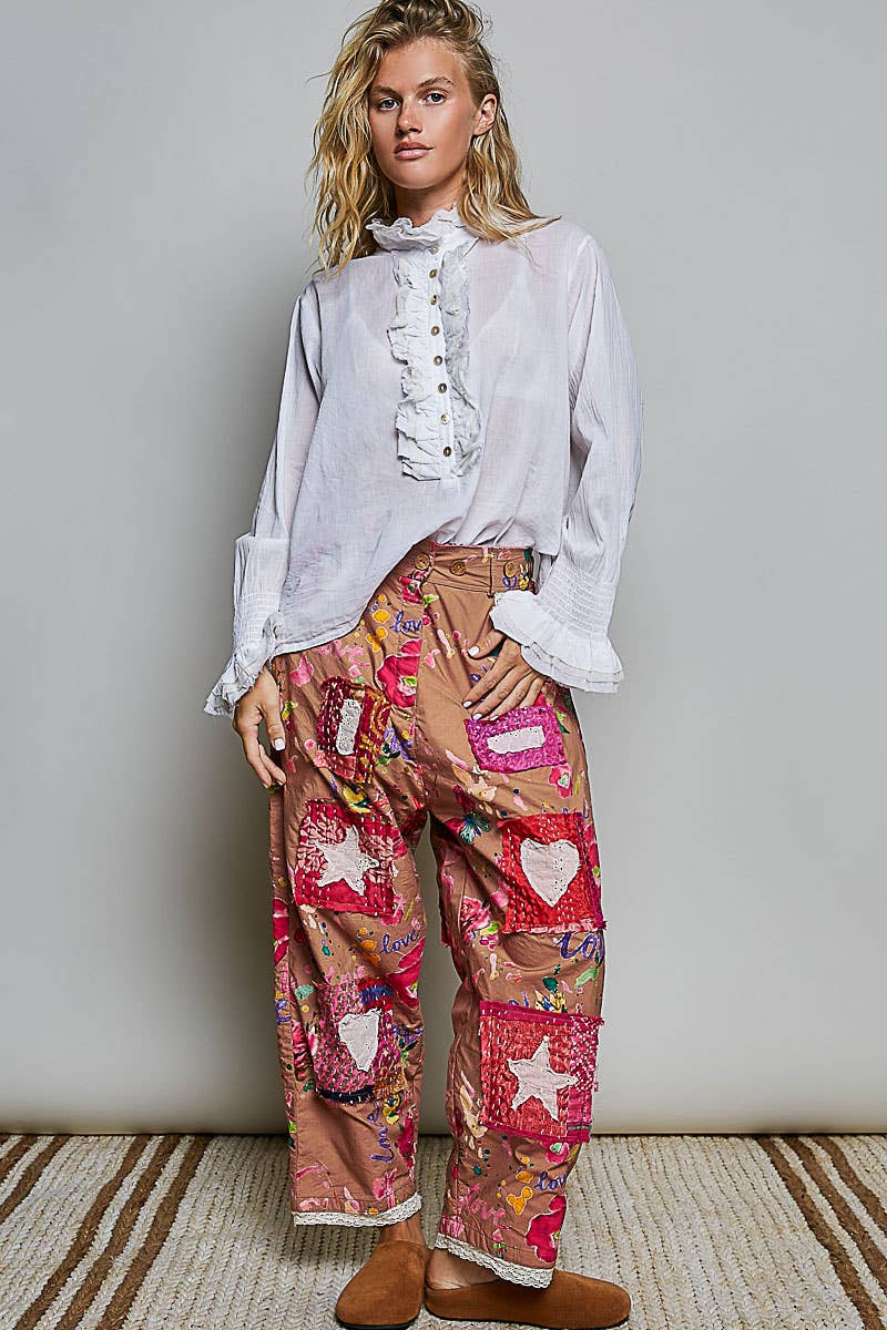 Pant- Heart Star Patch Elastic Waistband Lace Trim