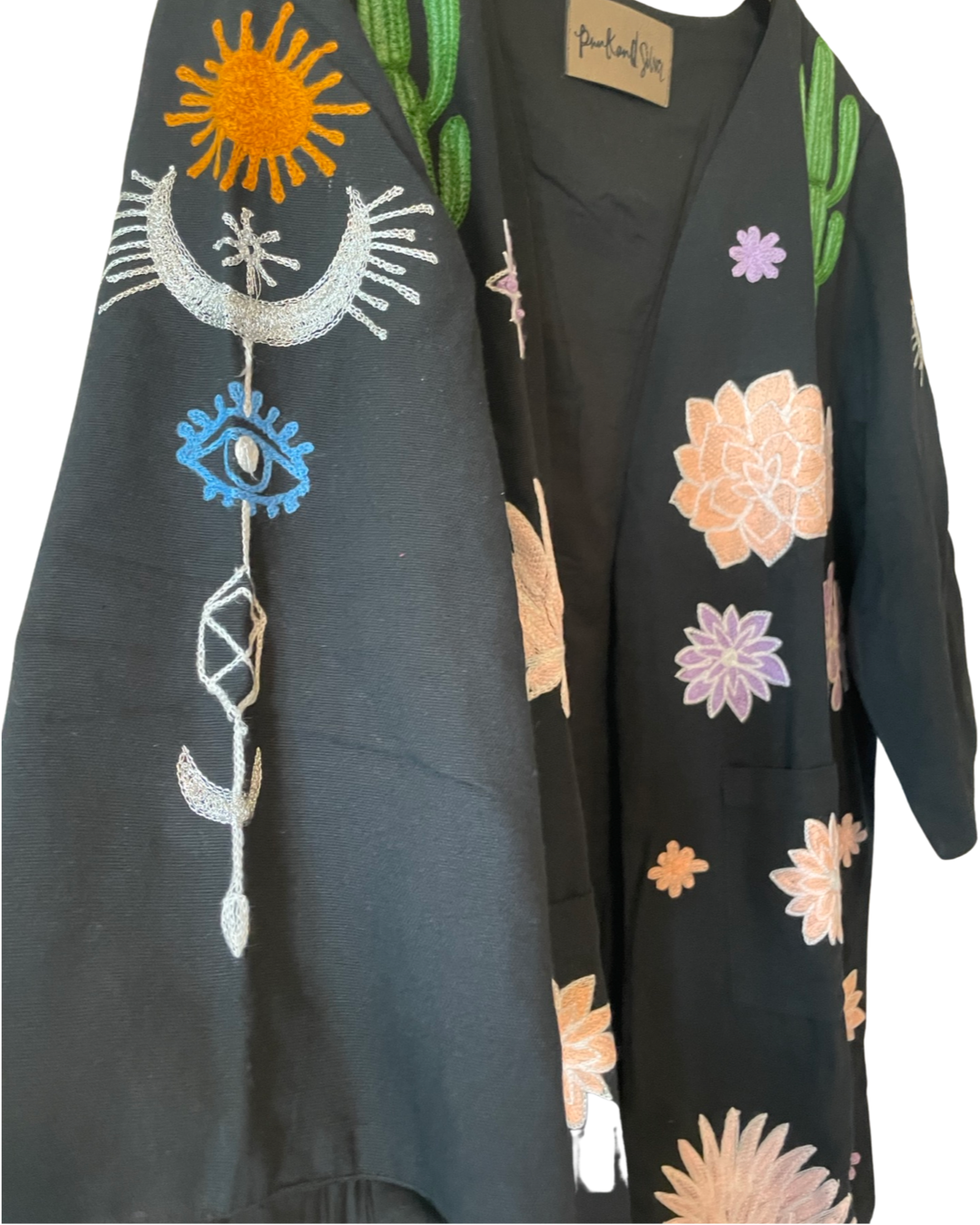Embroidered Cactus Bohemian Night Sky w/ Evil Eye Jacket blk