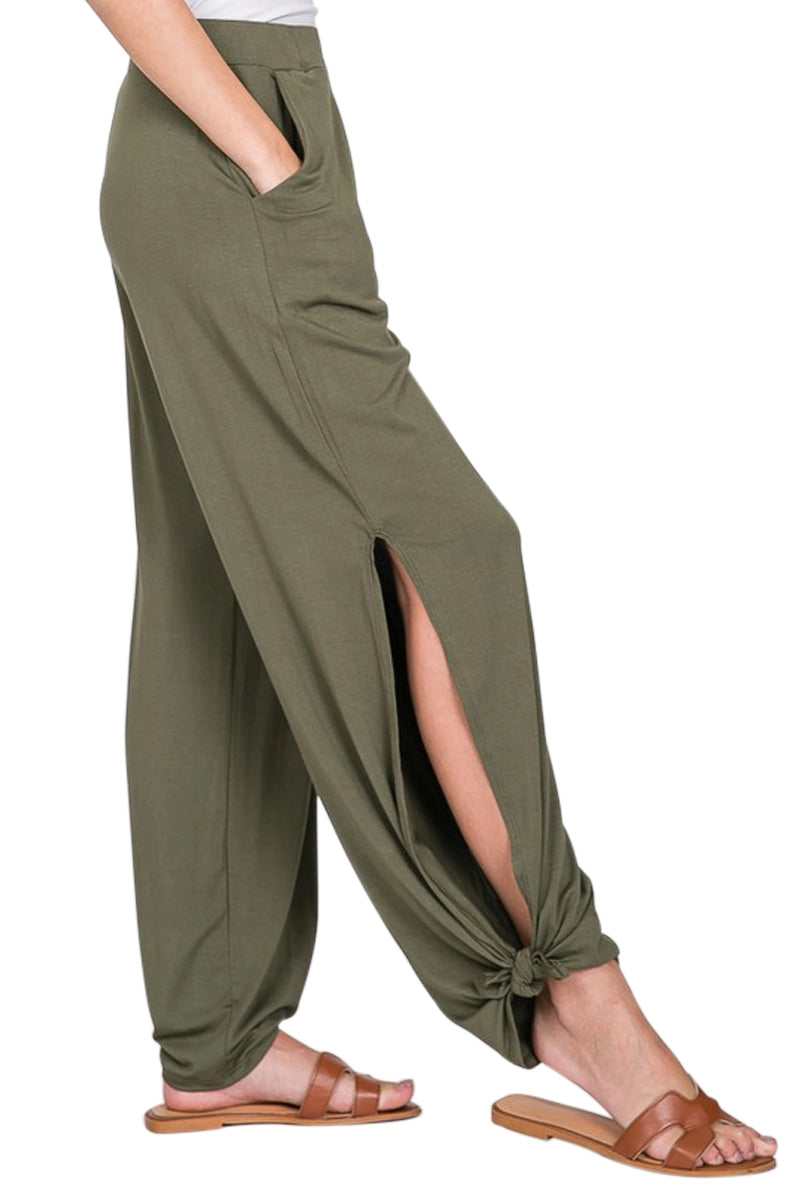 Olive Split Side Tie Hem Pants