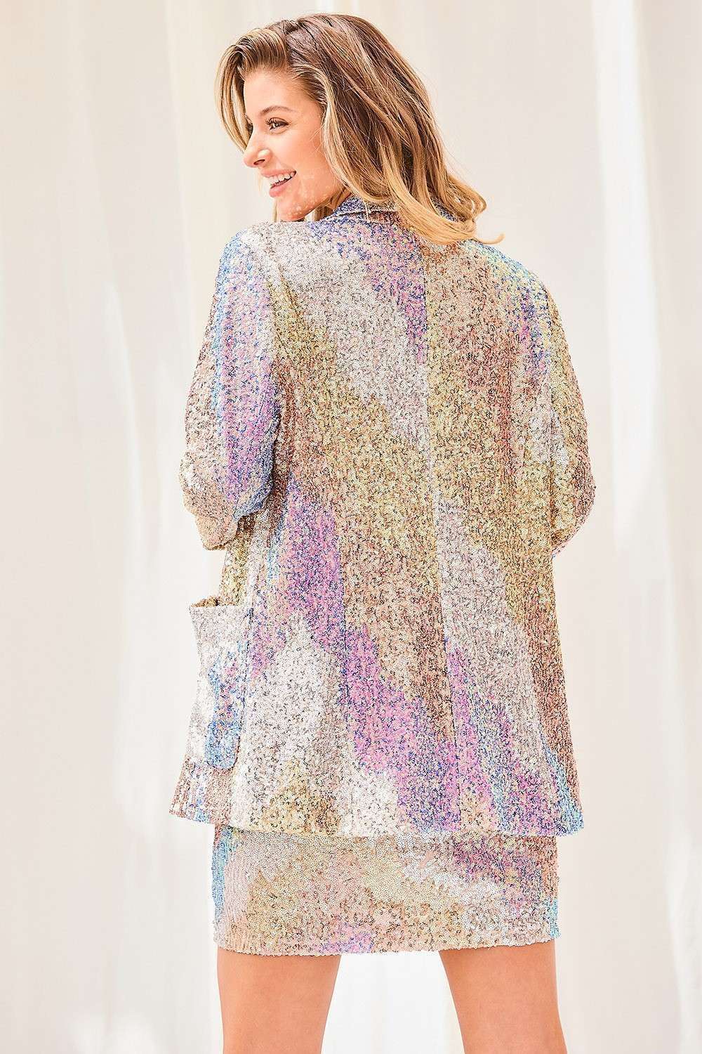 Shawl Collar Pockets Sequin Jacket