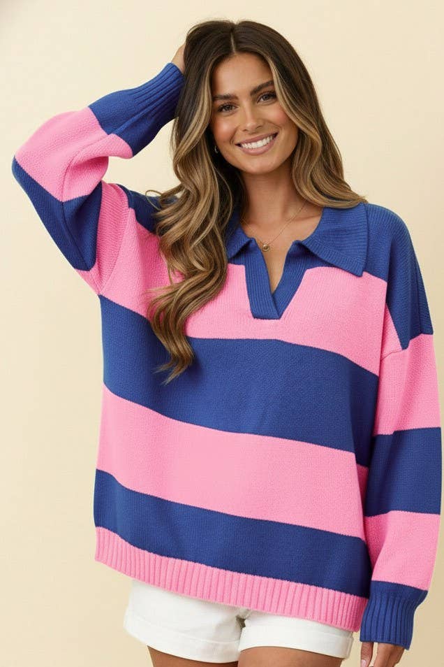 Top - Collared Stripe Color Block Sweater