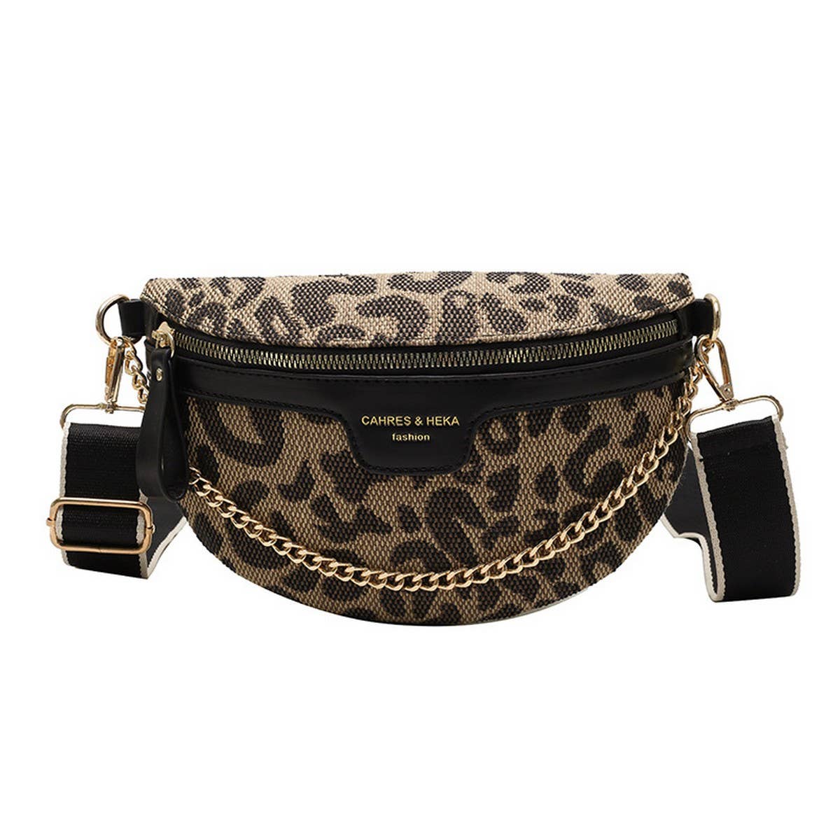 LEOPARD PRINT BLACK CHAIN STRAP FANNY BELT BAG
