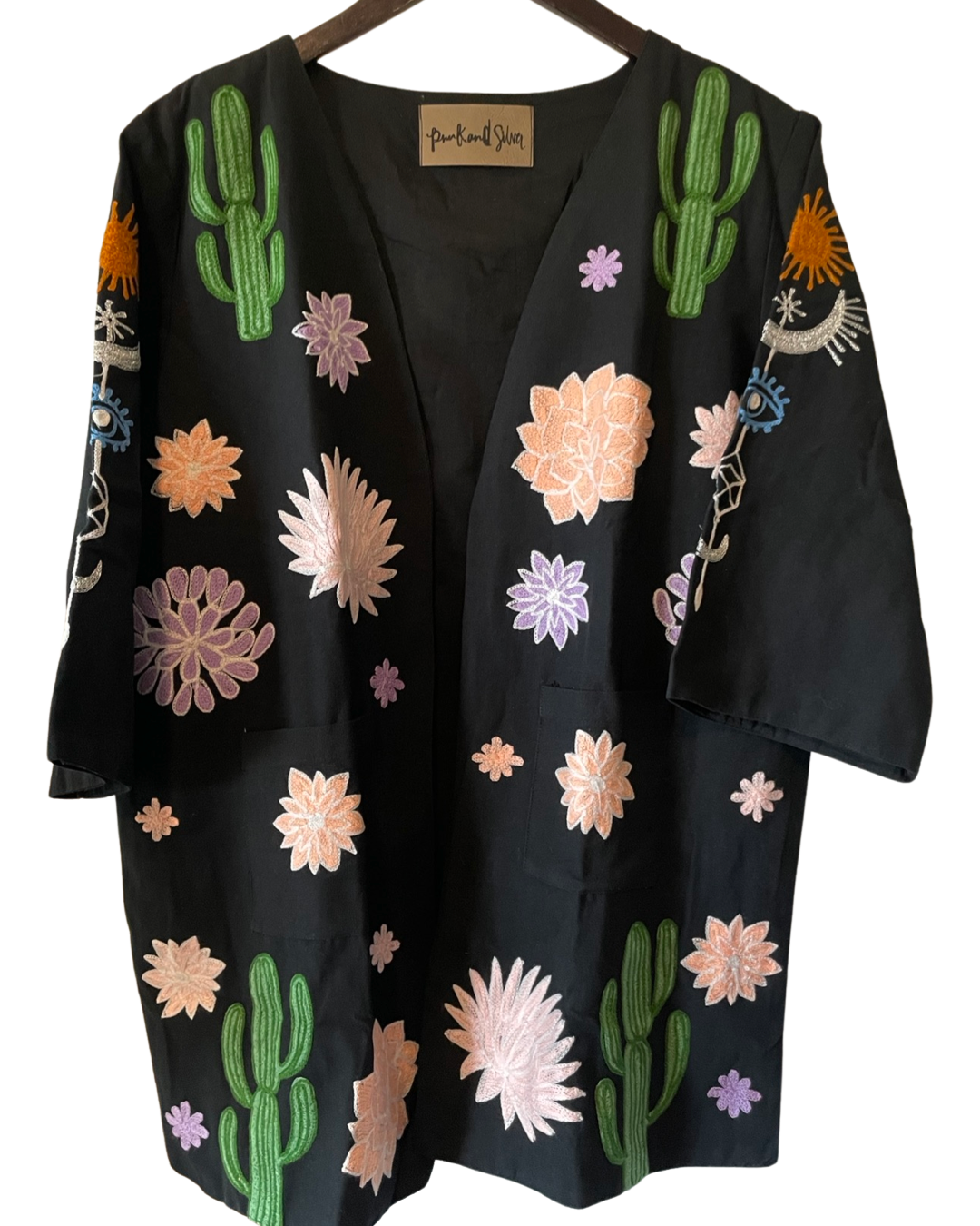 Embroidered Cactus Bohemian Night Sky w/ Evil Eye Jacket blk