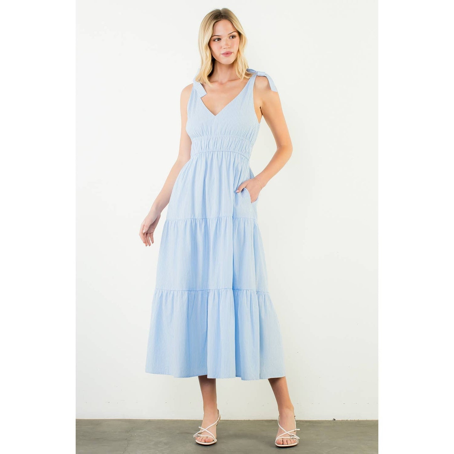 Dress - Tie Strap Striped Tiered Maxi