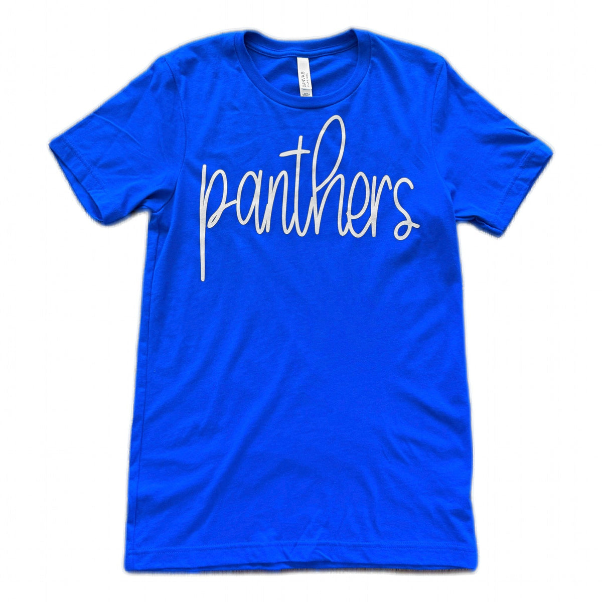 Royal blue women's tee with white cursive panthers print