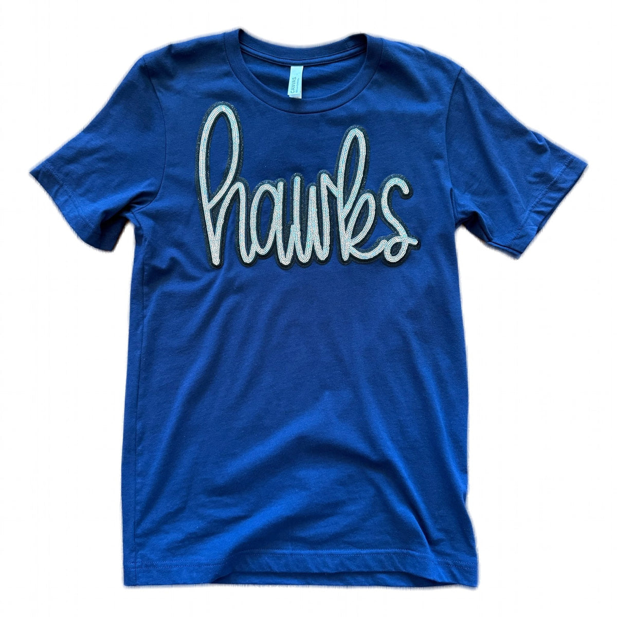 Navy women's tee with silver sequin hawks script