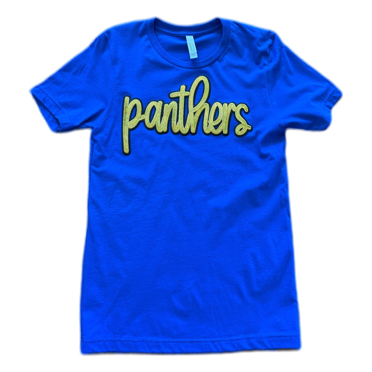 Royal blue women's tee with gold sequin panthers script