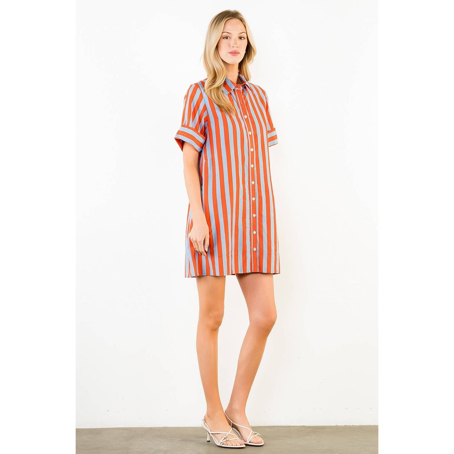 Dress- Short Sleeve Striped Button Up