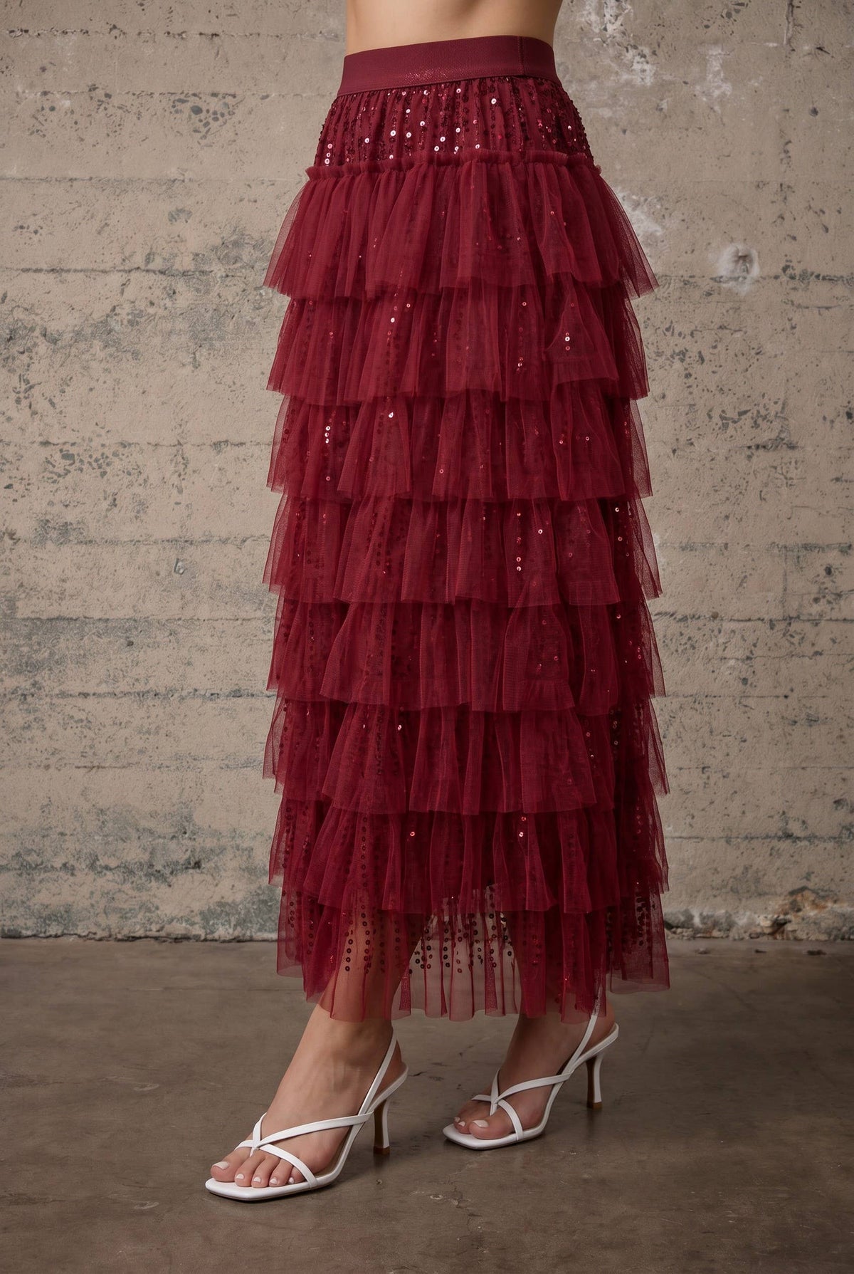 Skirt - Sequin Tiered Mesh Maxi