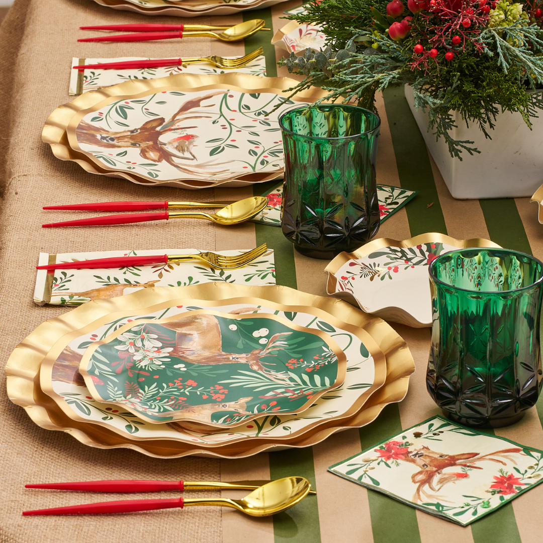 Bevel Board Kit - 9.75 x 8" Green Acacia Medium w/ Gold Spreader, Christmas Forest Napkin, and Ribbon