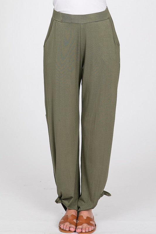 Olive Split Side Tie Hem Pants
