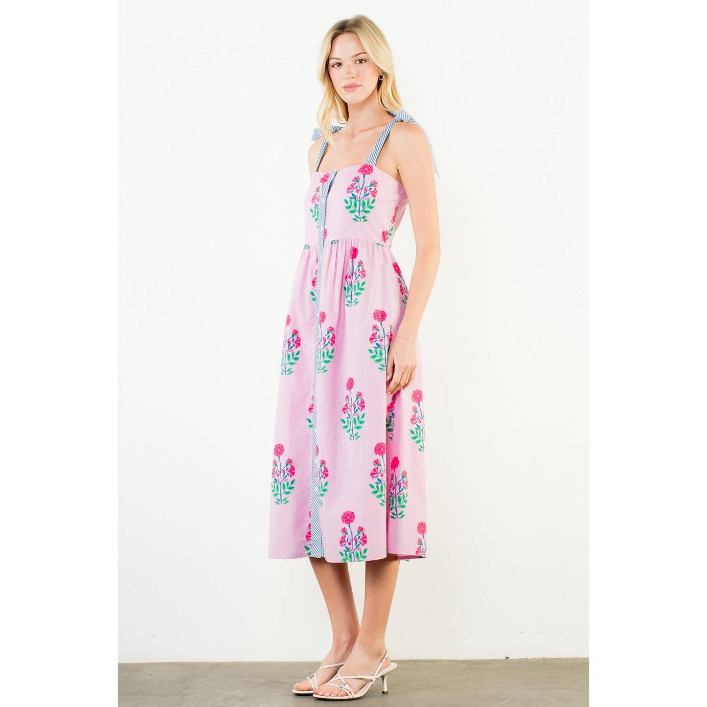 Dress - Tie Strap Floral Pattern Midi
