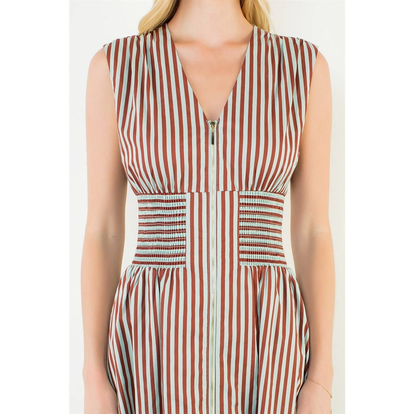 Dress- Sleeveless Vertical Stripes Zippered
