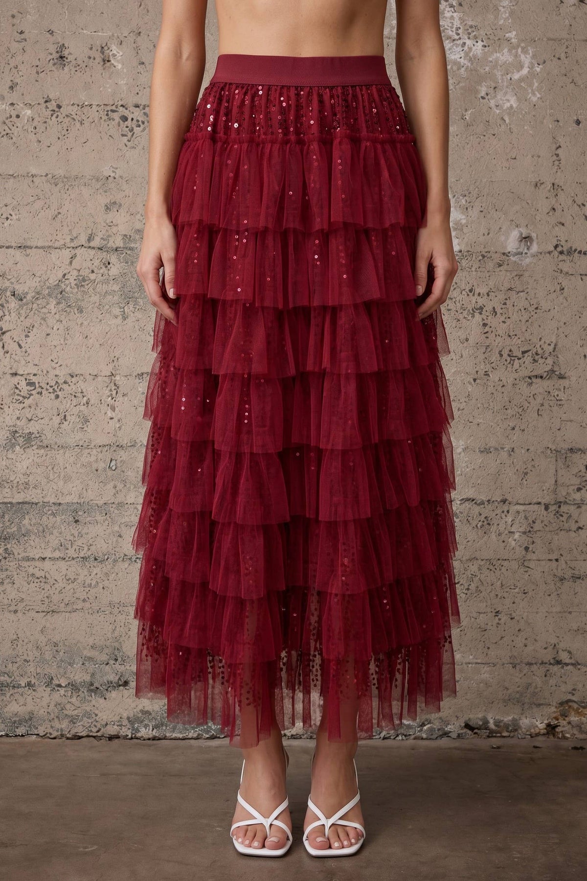 Skirt - Sequin Tiered Mesh Maxi