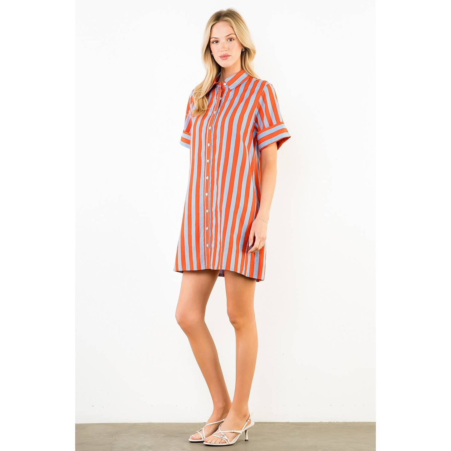 Dress- Short Sleeve Striped Button Up