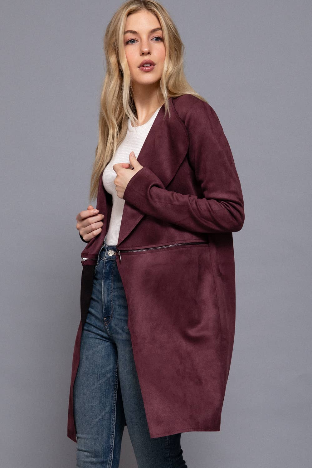 Jacket- Long Sleeve Front Two Zipper Detail Faux Suede Long
