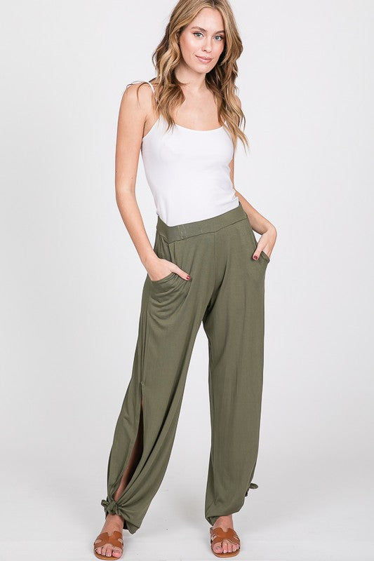 Olive Split Side Tie Hem Pants