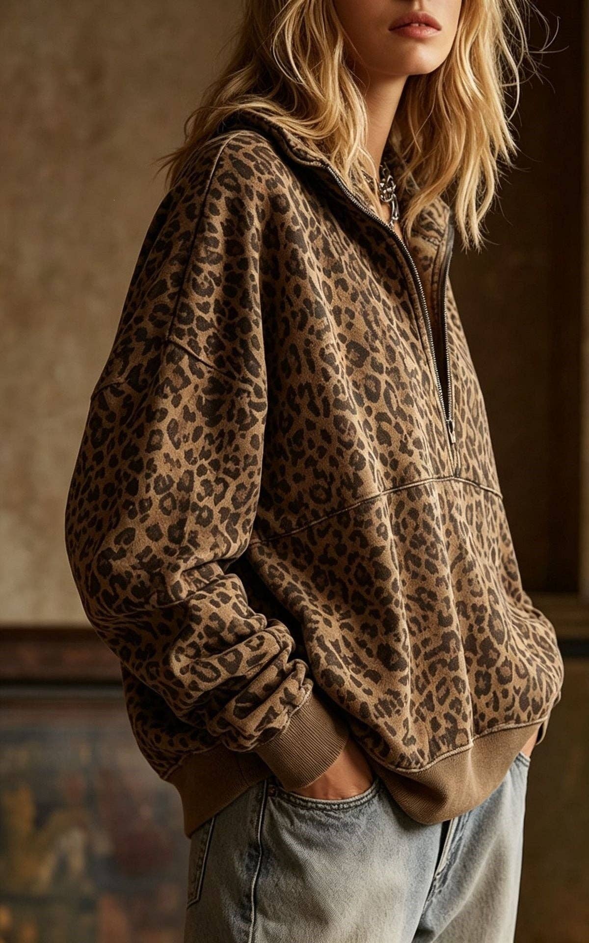 Sweatshirt - Leopard Print Half Zip Oversized Pullover