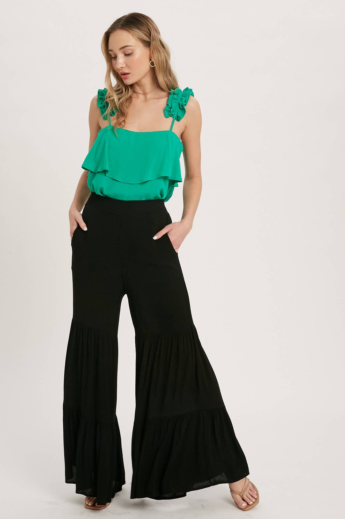 TIERED RUFFLE HIGH WAISTED WIDE-LEG PANTS