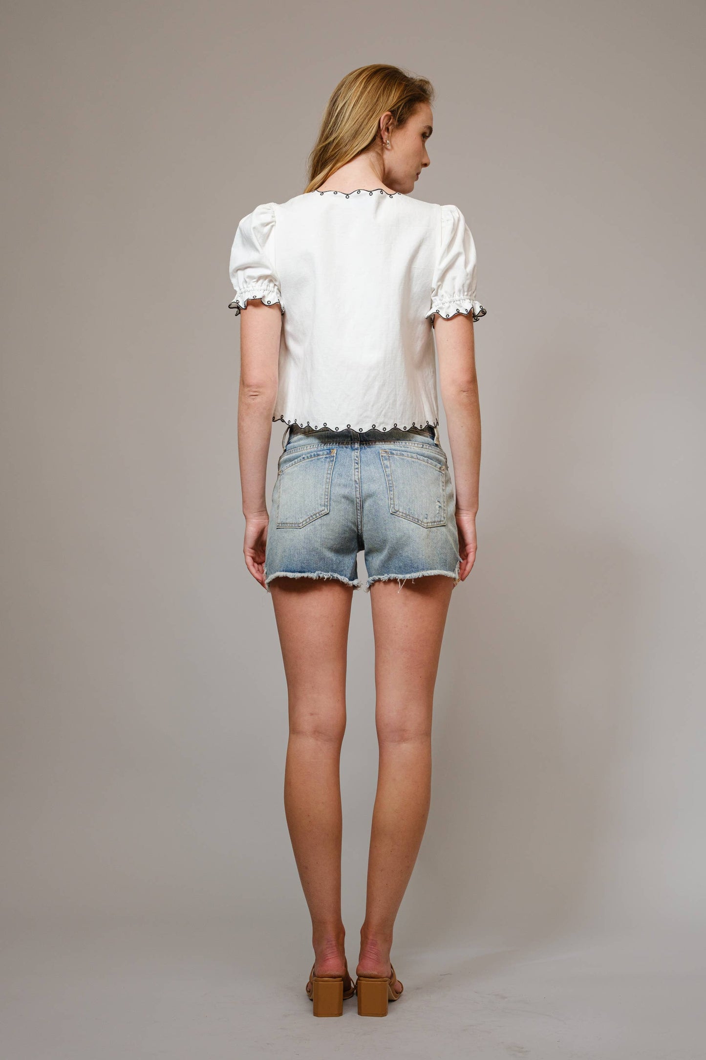 Shirt - Puff Sleeve Embroidered Tie Front