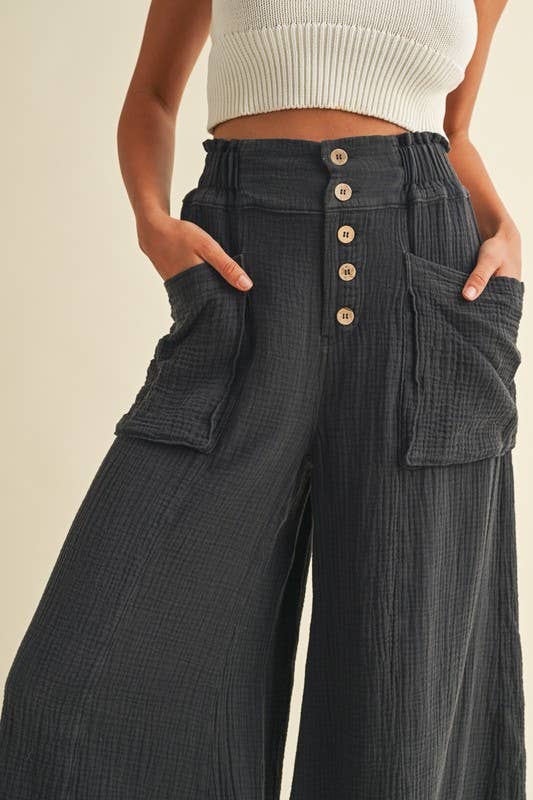 Pants - Mineral Washed Fray Hem Linen Cotton Wide