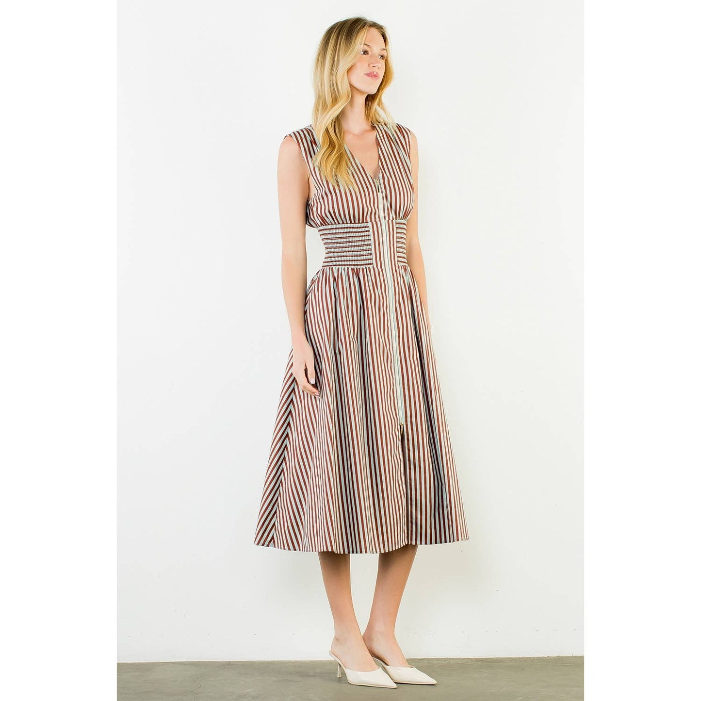 Dress- Sleeveless Vertical Stripes Zippered