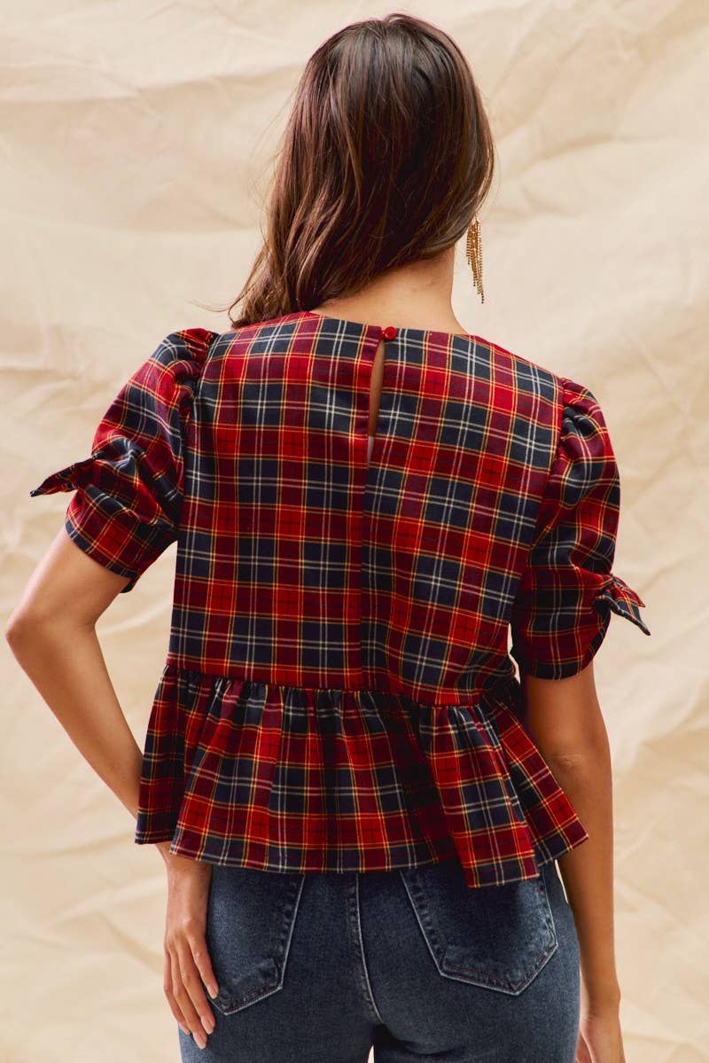 Top- Christmas Holiday Plaid Ribbon Short