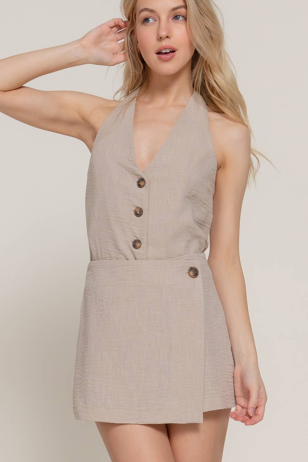 Front Button Detail Side Zipper Closure Linen Effect Skort