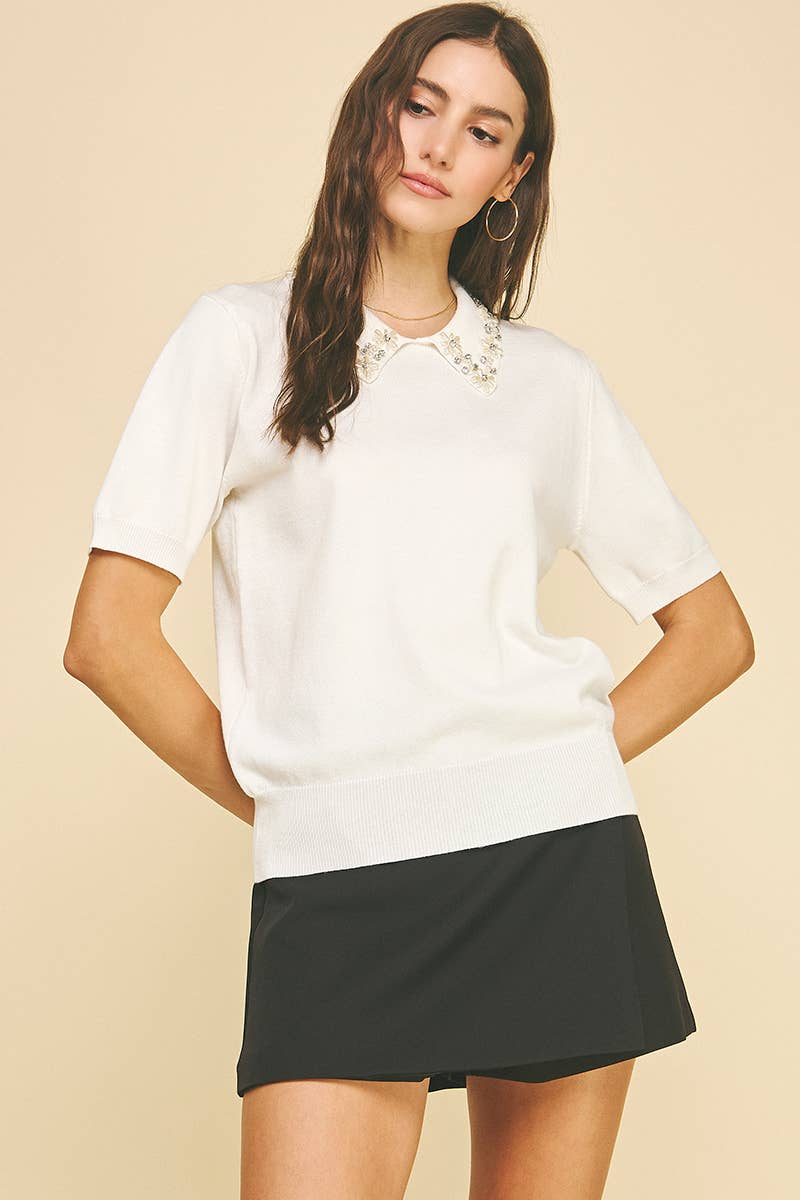 Sweater - Embellished Jewel and Pearl Collar Detail