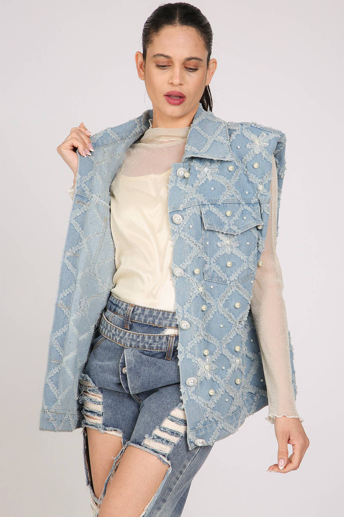Denim Vest- Fringed & Multi-Pearled