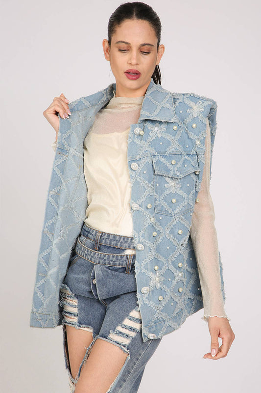 Denim Vest- Fringed & Multi-Pearled