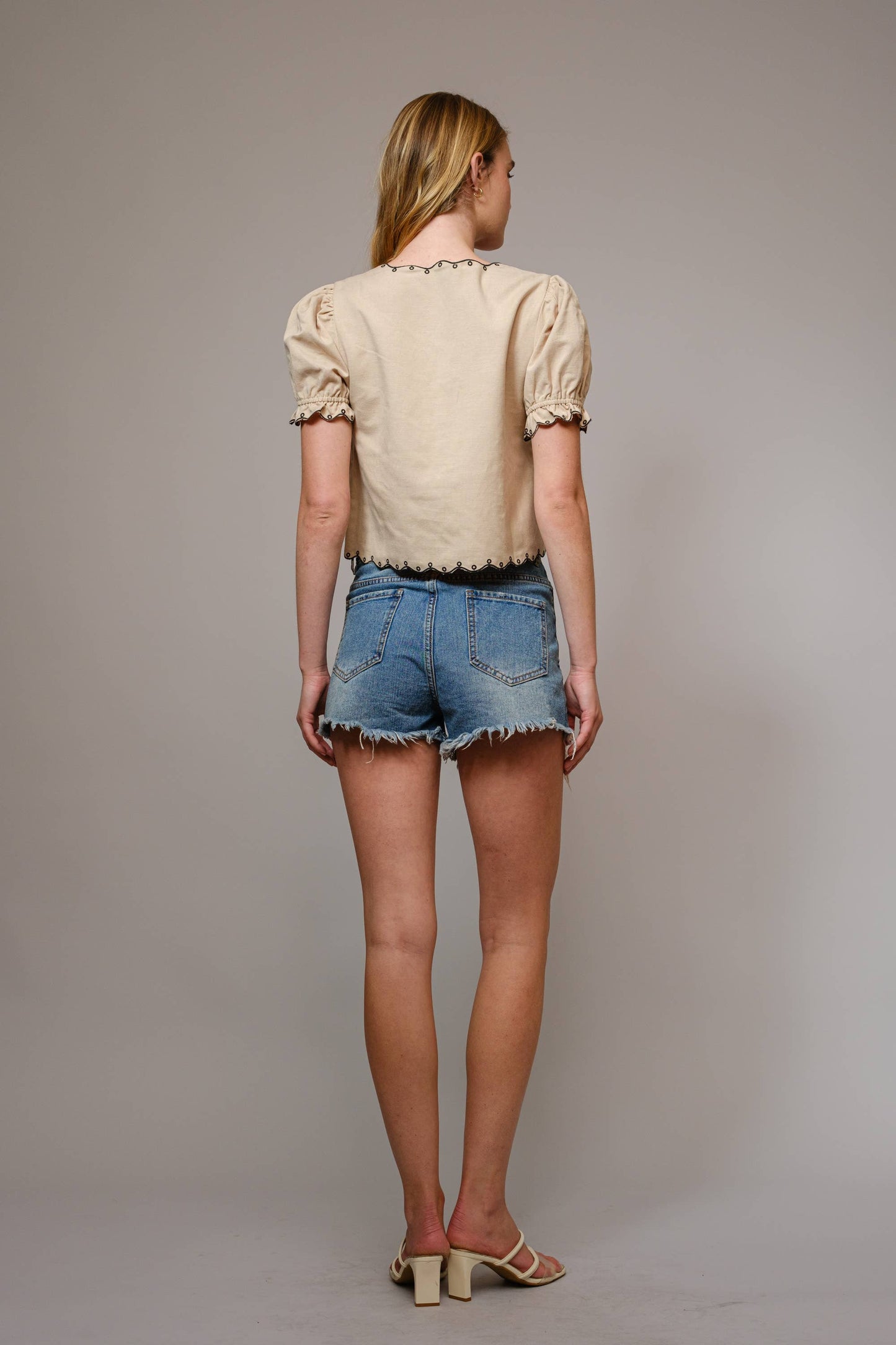 Shirt - Puff Sleeve Embroidered Tie Front