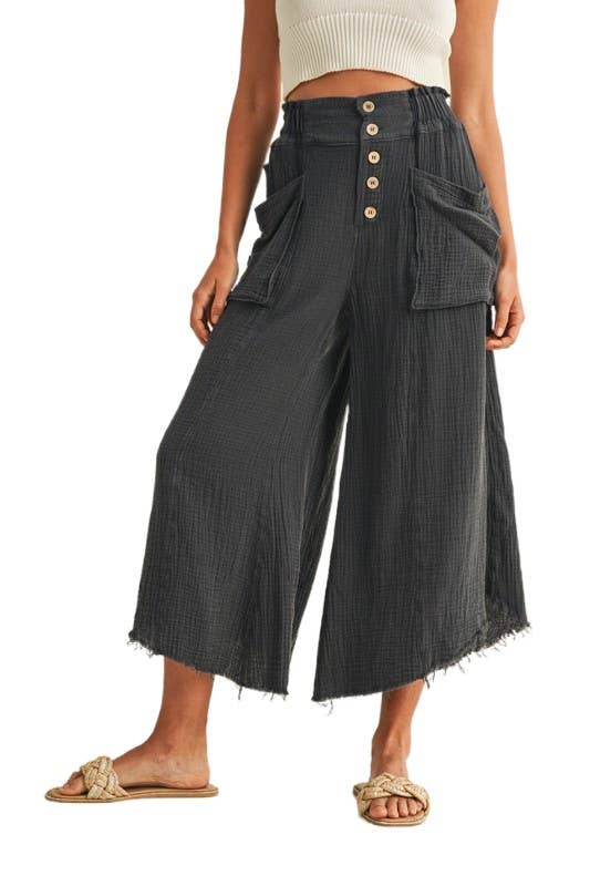 Pants - Mineral Washed Fray Hem Linen Cotton Wide