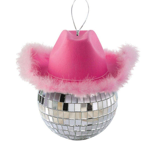 Ornament -  Silver Mirror Ball With Pink Cowboy Hat