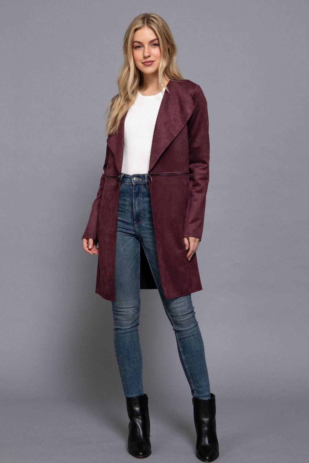 Jacket- Long Sleeve Front Two Zipper Detail Faux Suede Long